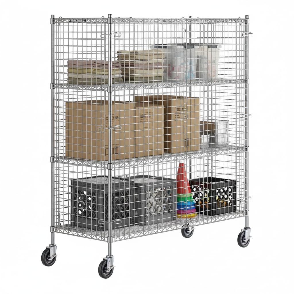 24" x 60" x 70" NSF Mobile Chrome Wire Security Cage Kit with 4 Shelves, Lockable Rolling Storage Unit for Wine, Liquor, Beer & Warehouse Use, Heavy Duty Commercial Steel Storage Rack with Casters