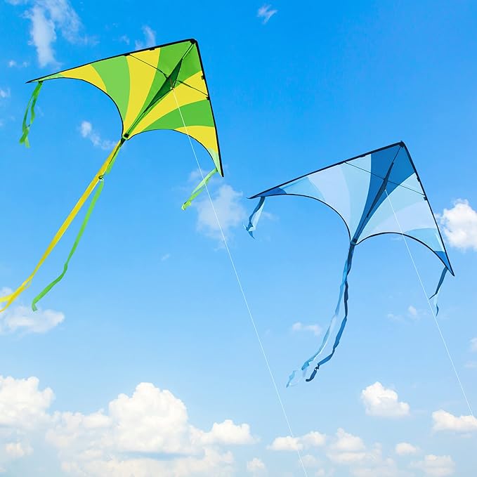 JOYIN 3 Packs Large Delta Kite Green, Blue and Rainbow, Easy to Fly for Kids with 262.5 ft String, Large Delta Beach Kite for Outdoor Games and Activities