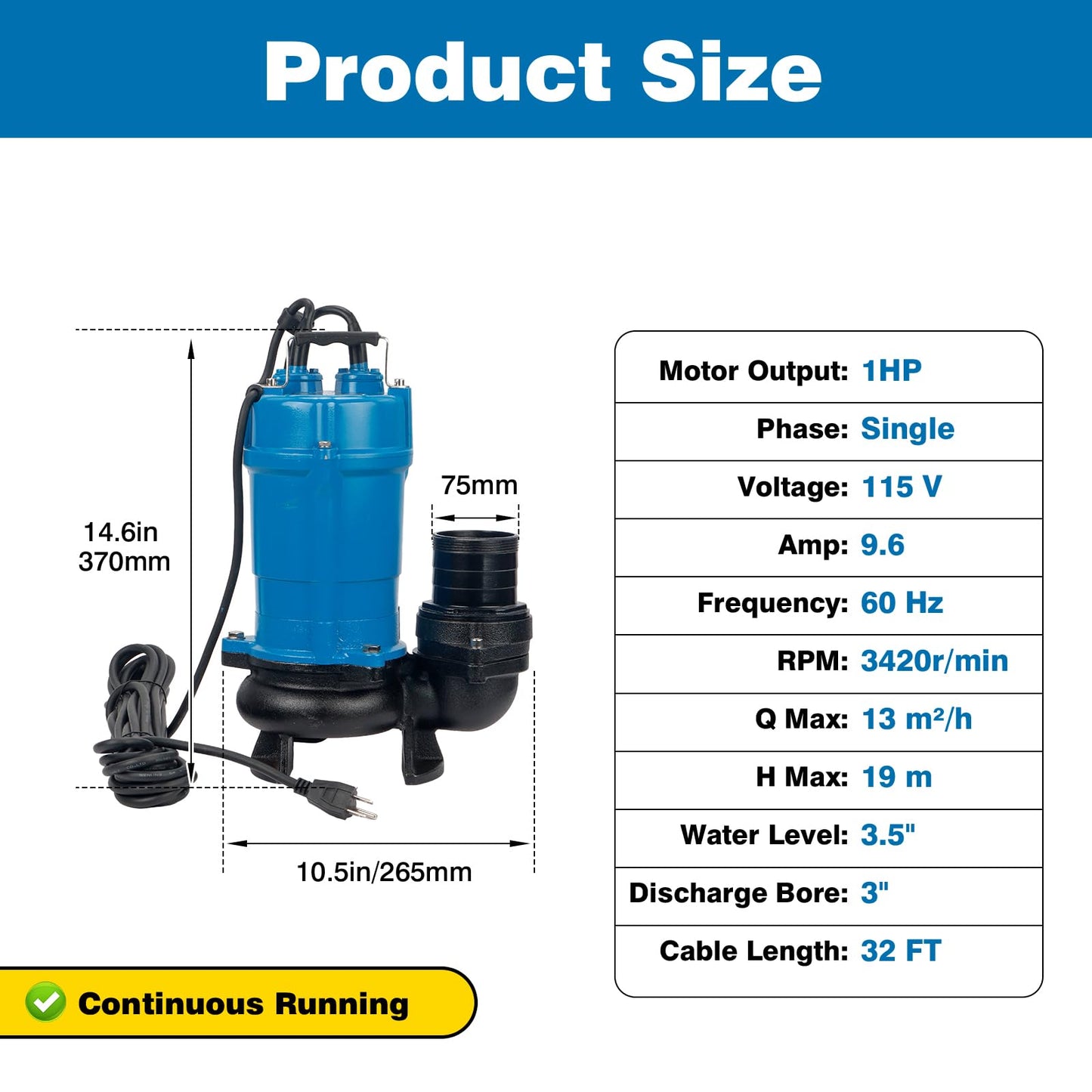 HS3.75S/HSZ3.75S Automatic Electric Submersible Wastewater Trash Pump, 1 HP 115V, Replacement for Tsurumi HS3.75S-62, 61 GPM 3660 GPH, 3'' Straight Male NPT Connection