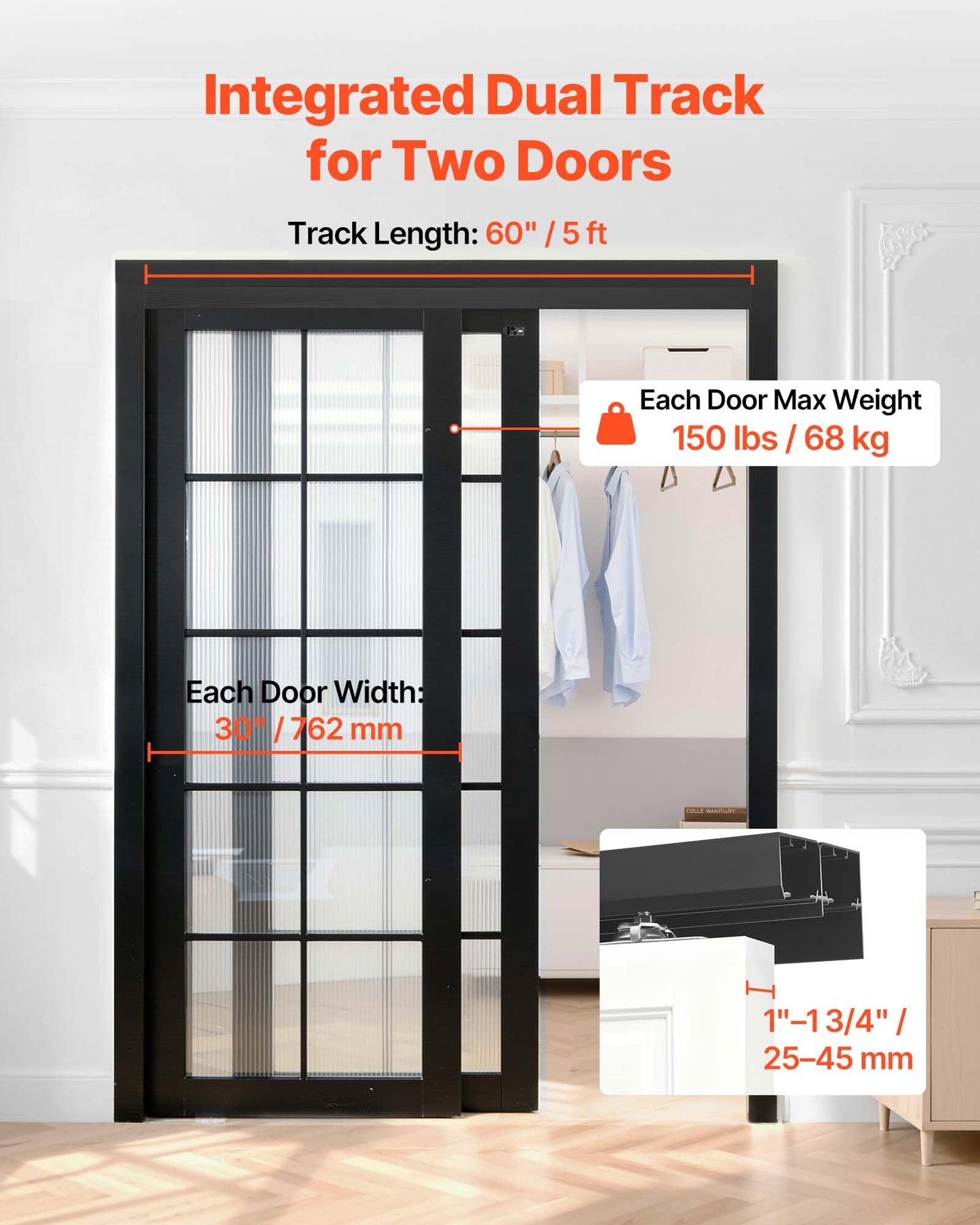 VEVOR Bypass Sliding Door Hardware Kit, 5 ft Aluminum Alloy Dual-Track Bypass Door Hardware, Smooth and Quiet Sliding, Easy to Install, for 1" to 1 3/4" Thickness 30" Width 2 Door System, for Closet