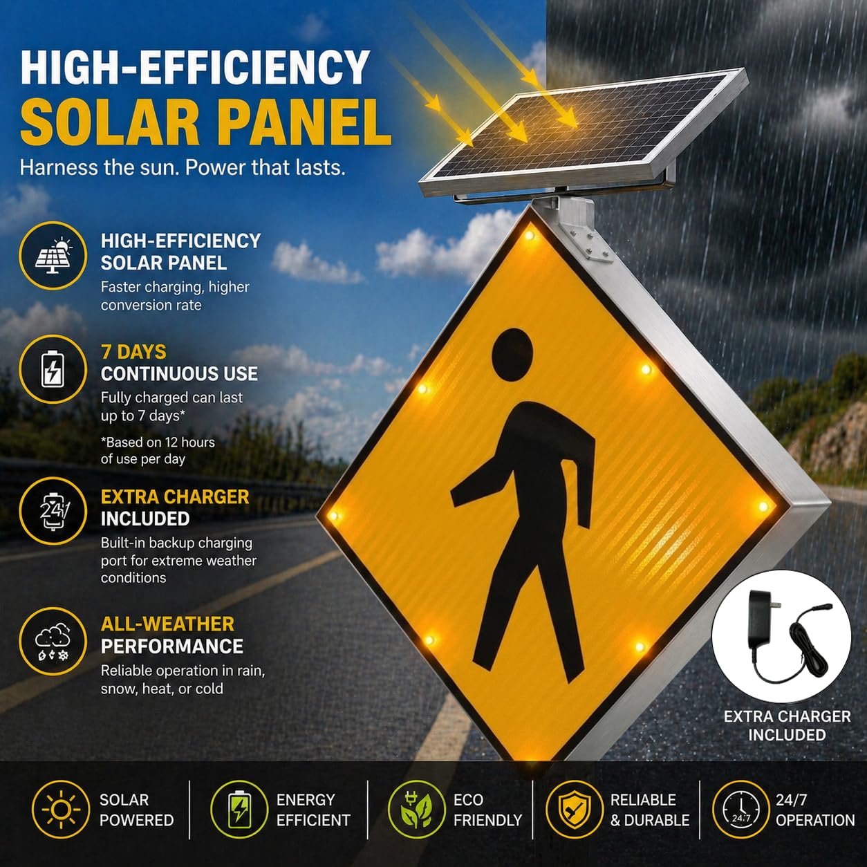 GAJTTR 30" Solar Powered LED Pedestrian Crossing Sign, High Visibility Flashing Crosswalk Sign with 8 Blinking LEDs, Engineer Grade Reflective Film, Heavy Duty Aluminum Metal Frame for Schools, Driveways & Communities (Yellow)