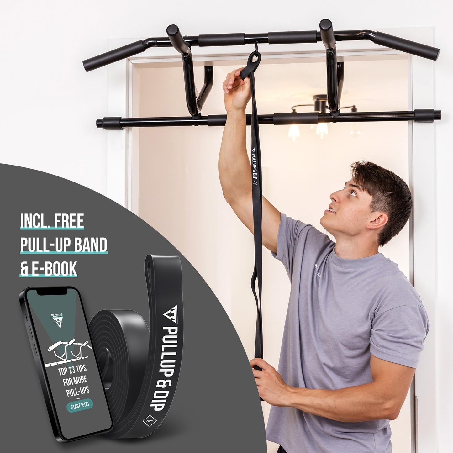 PULLUP & DIP Doorway Pull-Up Bar Without Screwing And No Slipping, Professional Door Frame Chin-Up Bar With Pull-Up Band, Padded Handles + eBook, Up To 240 lbs