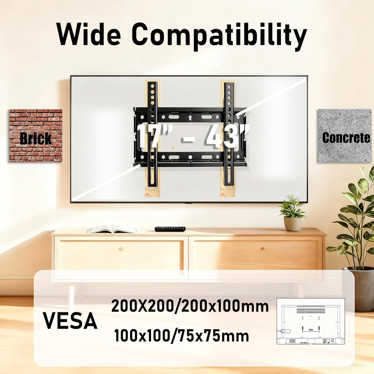Alrhipvm 17-43 inch 66lb, VESA200x200mm Fixed TV Wall Mount Bracket, Low Profile for Most LED LCD OLED Flat Curved