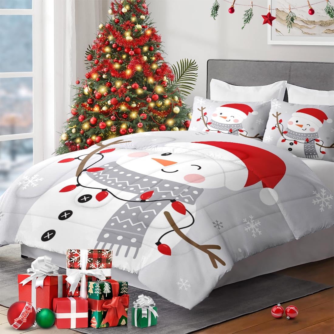 WeCozy Full Size Comforter Set with 2 Pillowcases, Christmas Gray Cute Santa Snowman Soft 3 Pcs Bedding for Kids and Adults Bedroom Bed Decor