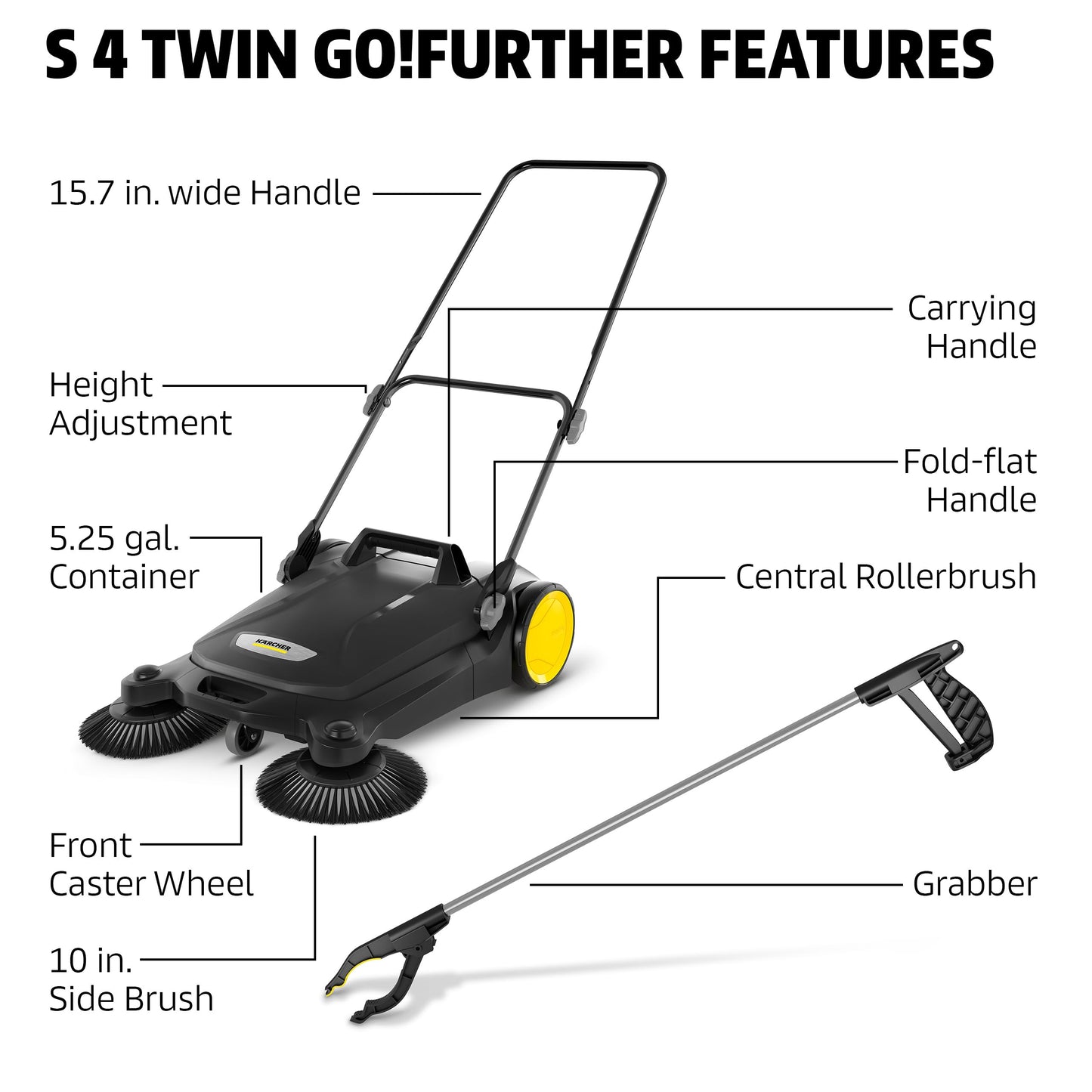 Kärcher Walk Behind Outdoor Push Sweeper S 4 Twin Go!Further for Workshops, Sidewalks, Driveways or Garages with Debris Grabber 5.25 Gallon Capacity, 26.8" Sweeping Width