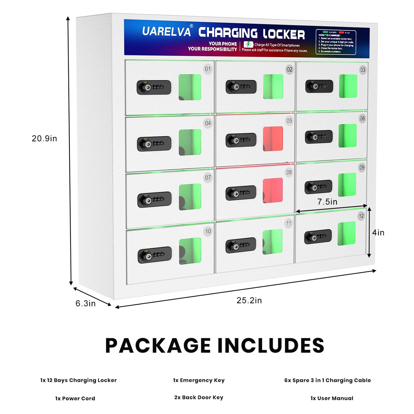 UARELVA Metal Locker 12 Slots Storage Cabinet with Password Lock | Cell Phone Charging Station Locker | White Steel Storage Lockers for Employees,Schools,Hotel,Library,Gym
