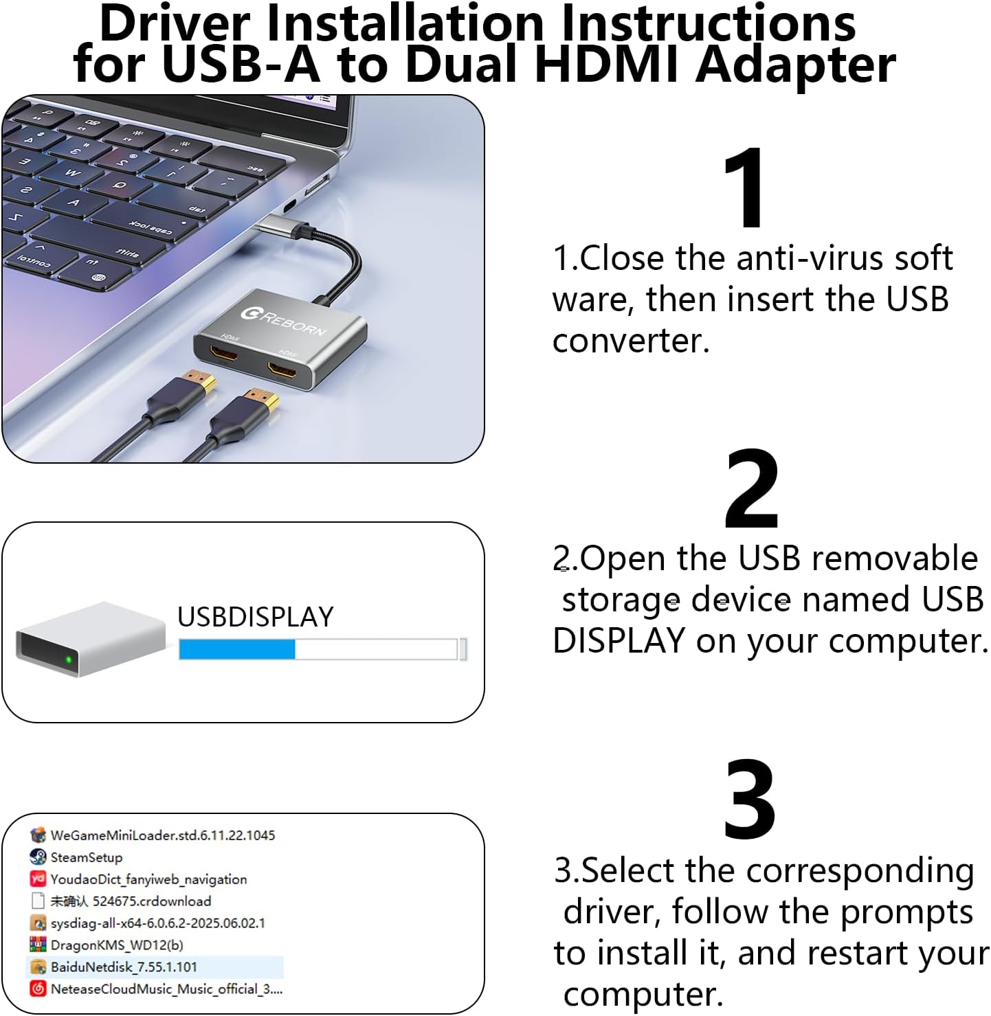 Reborn 1080P@60Hz 3.0 7/8/10/11 USB to HDMI Adapter, USB Male to Dual HDMI Female Multi-Display Cable Converter