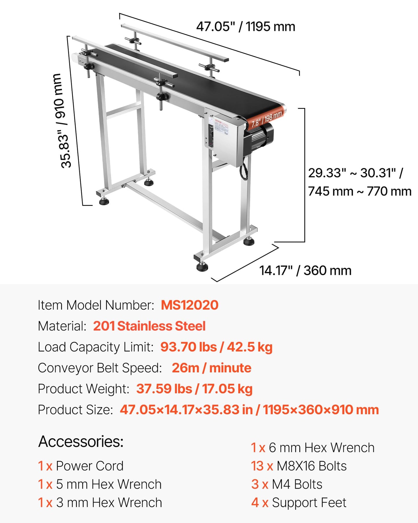 VEVOR PVC Belt Conveyor 47″x 7.8″, Electric PVC Conveyor 110V Adjustable Automatic Speed, Conveyor Machine with Double Guardrail, in Stainless Steel, Industrial Transport Equipment