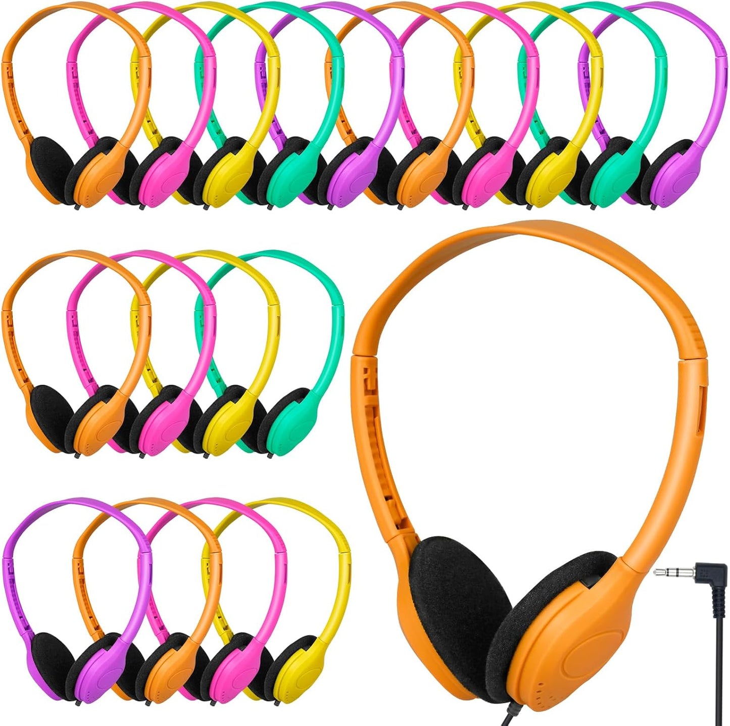 Set 20 Pack 3.5 mm Class Headphones for Kids Students School Classroom Bulk Headphones Adjustable with Jack for Library