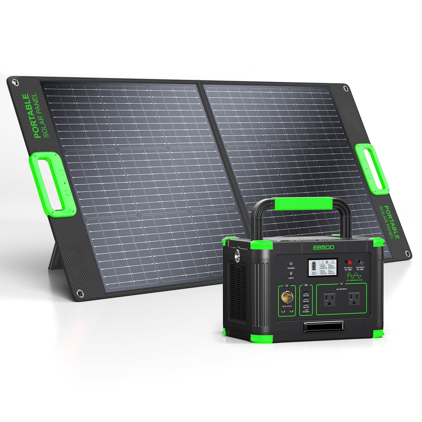 500W Portable Power Station with 100W Foldable Solar Panel, 519.48Wh Outdoor Solar Generator Backup Battery Pack with 2 AC Outlets, for RV, Van, Camping, Climbing, Road Trip & Home Emergency Use