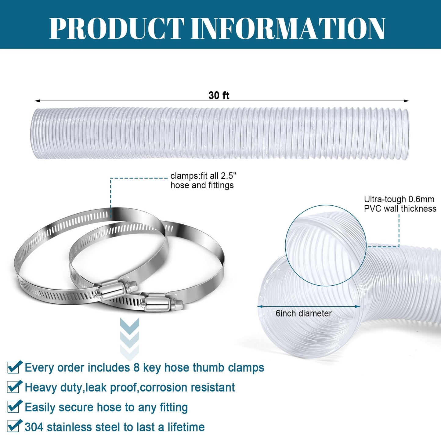 Yaocom 6 Inches 30 ft PVC Dust Collection Hose with Stainless Steel Clamps Set Flexible Clear Vacuum Puncture Resistant Fume Hose for Vacuums Cleaner Fume Dust Collection System (White)