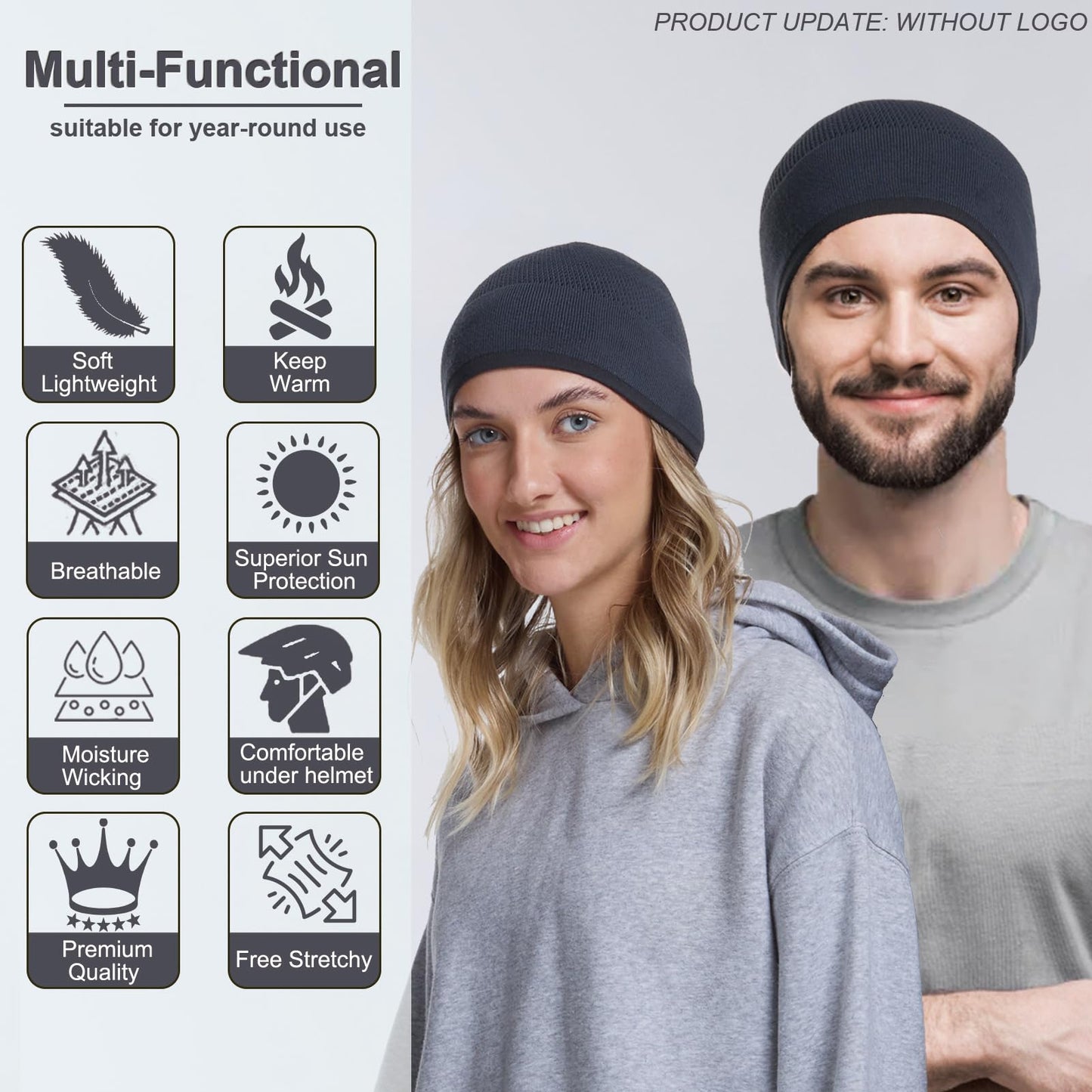 Skull Cap Bamboo Knit Hat for Men Women, Lightweight Breathable Summer Beanie Sleep Cap, Moisture Wicking Helmet Liner for Running Cycling, Gift for Cancer Patients (Black/Graphite)