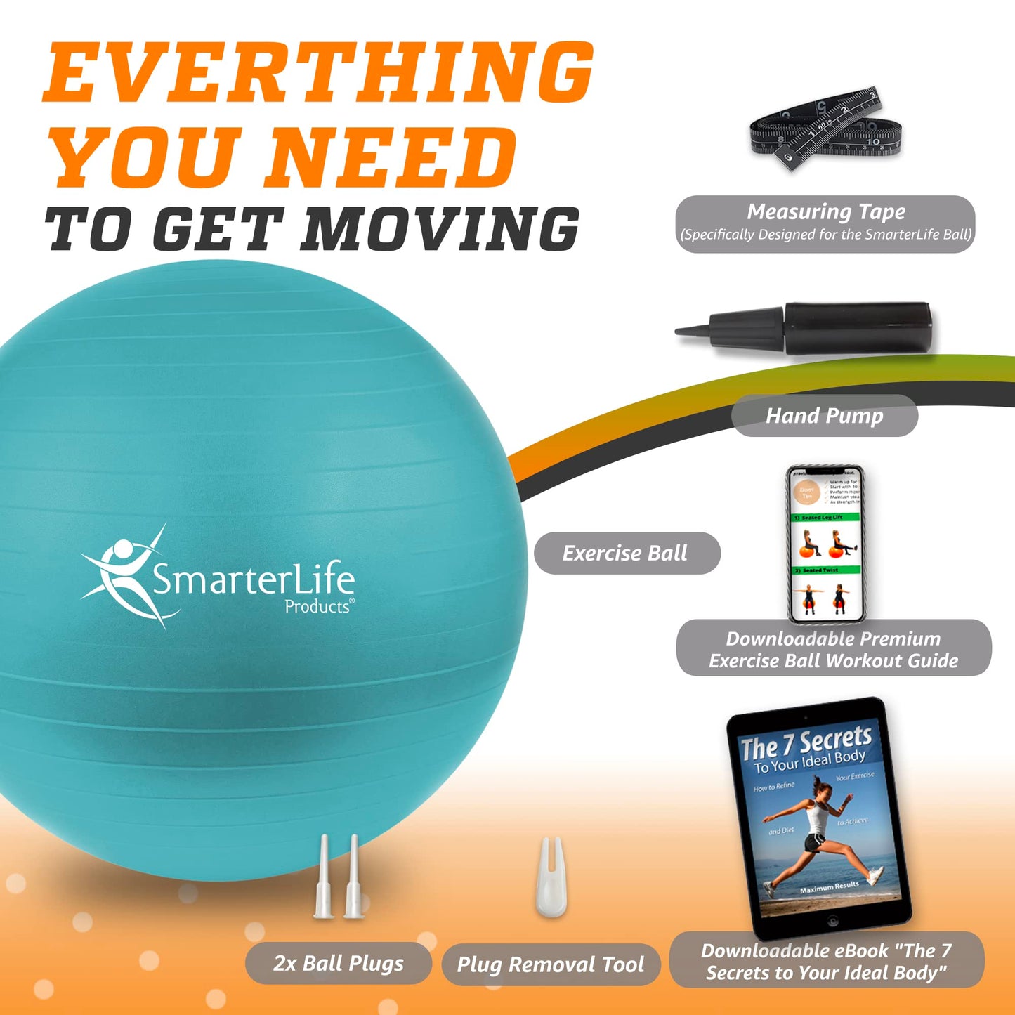 SmarterLife Exercise Ball Yoga Ball for Fitness, Balance, Stability, or Pregnancy, Gym Ball for Core Workout, Physical Therapy, Yoga Ball Chair for Office, Anti-Slip Anti-Burst (45cm, Turquoise)