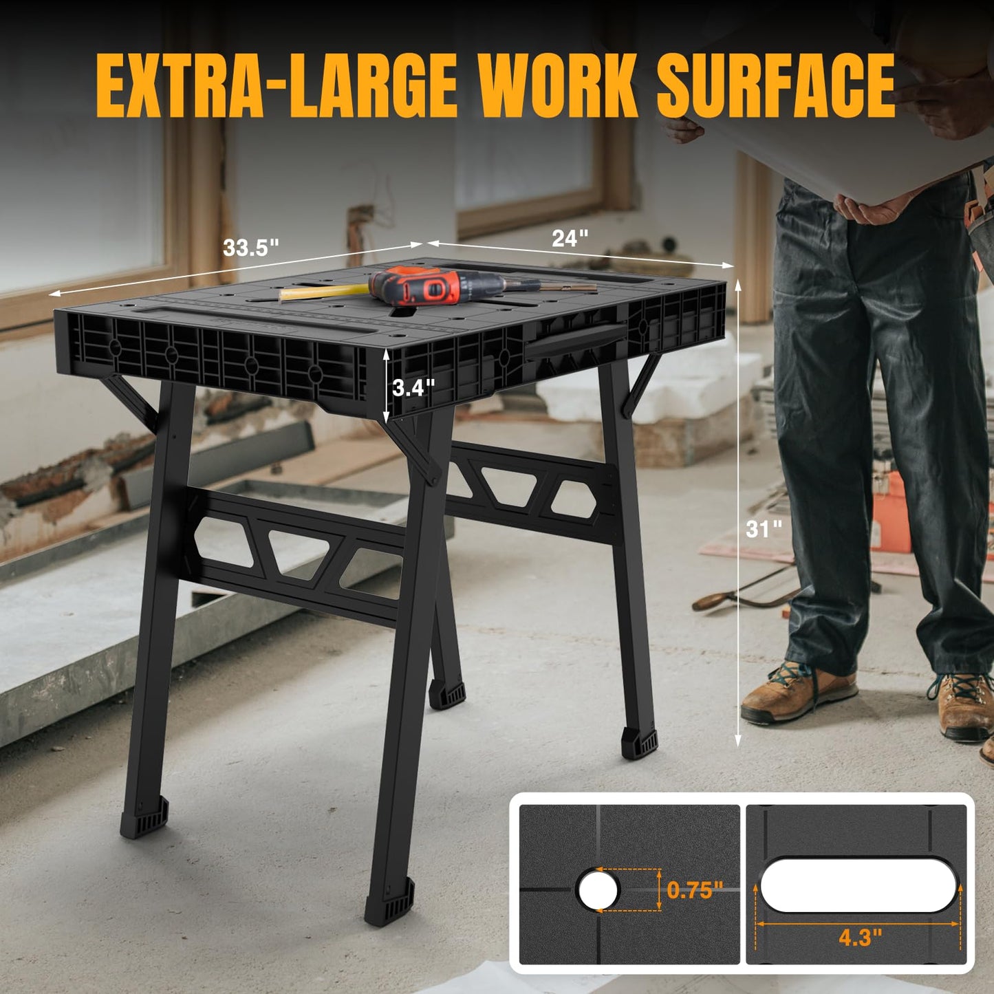 Express Folding Worktable, Easy Setup Portable Folding Workbench, 34" W x 24" D Lightweight Versatile Worktable with 1650 Lbs Load Capacity Work Benches for DIY Home Improvements Professional Worksite