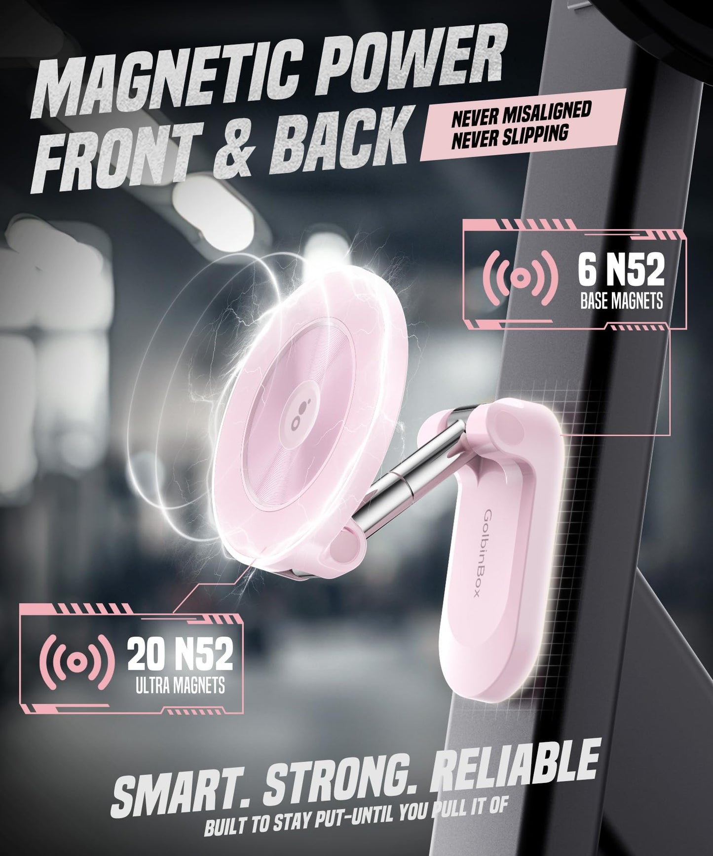 GolbinBox Magnetic Gym Phone Holder for MagSafe, All Metal Dual-Magnet Mount for iPhone and Android, 360° Adjustable Tri-Axis, Gym Essentials for Bodybuilder Men Women Recording Fitness Exercise, Pink
