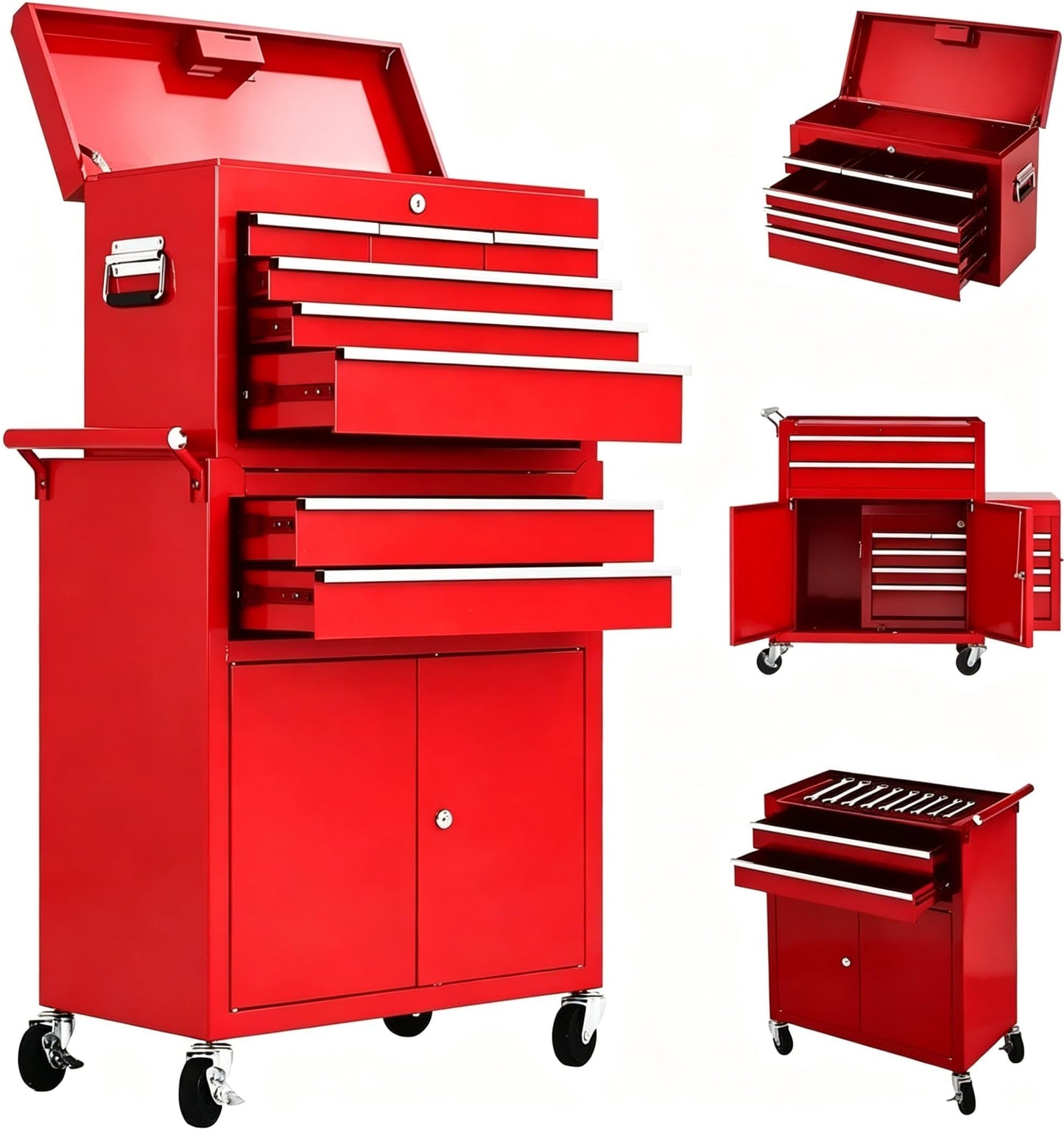 Rolling Tool Chest with Wheels, 24 Inch 8 Drawer 2-in-1 Detachable Tool Box and Cabinet, Lockable Cold Rolled Steel Tool Storage Organizer, Top 6 Drawers Bottom Cabinet 2 Drawers 1 Door, Red