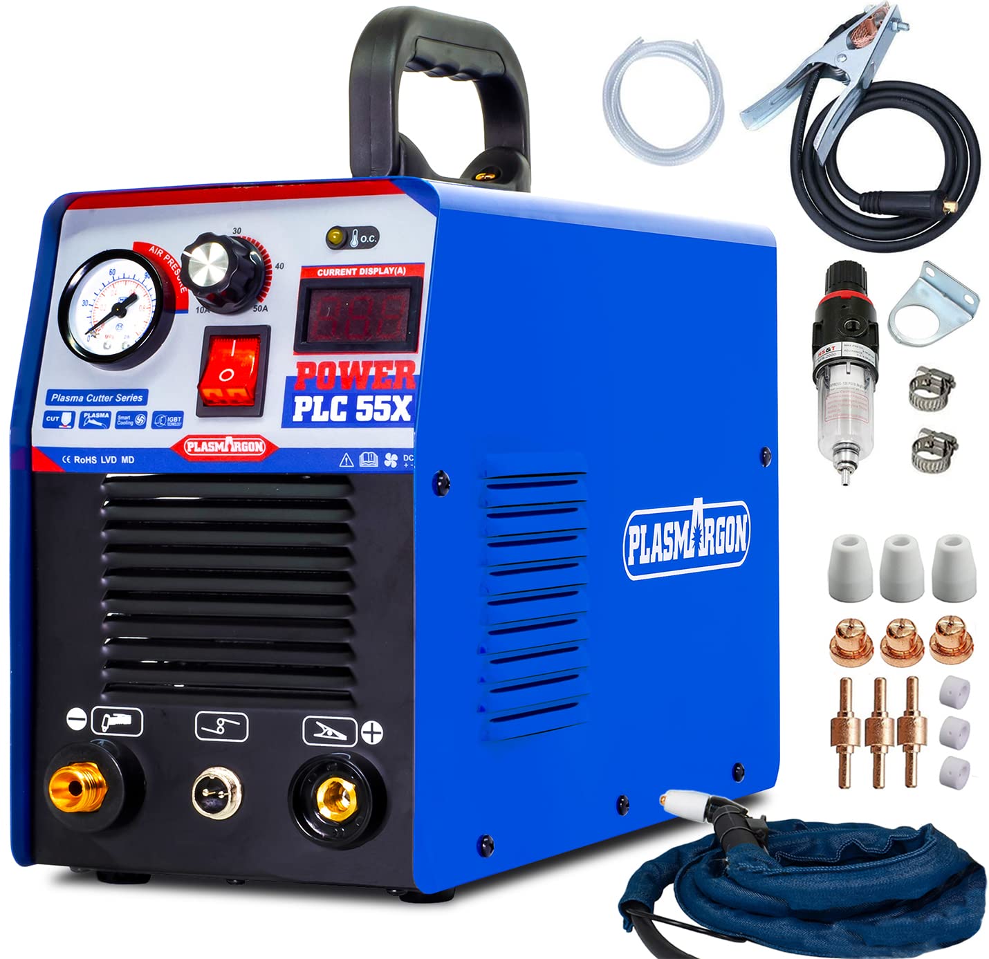 Plasma Cutter 55Amp PLC55 Dual Voltage Plasma Cutting Equipment 110V / 220V, IGBT DC Inverter Portable Air Plasma Cutter Machine 1/2 Inch Clean Cut Intelligent Digital Display (110/220V)