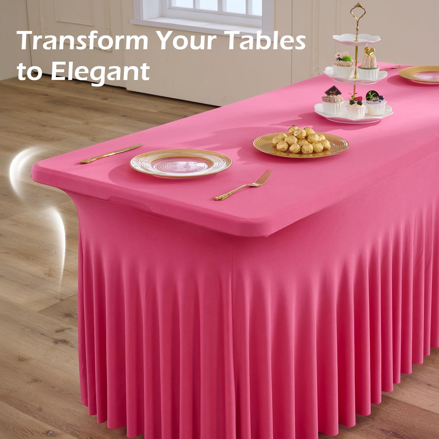NSSONBEN 4 pk Hot Pink Spandex Tablecloth for 6 Foot Rectangle Tables, Wrinkle Free Fitted Spandex Table Covers 6ft Stretch Table Cloths with Ruffle Skirt for Parties Weddings Banquet Baby Shower