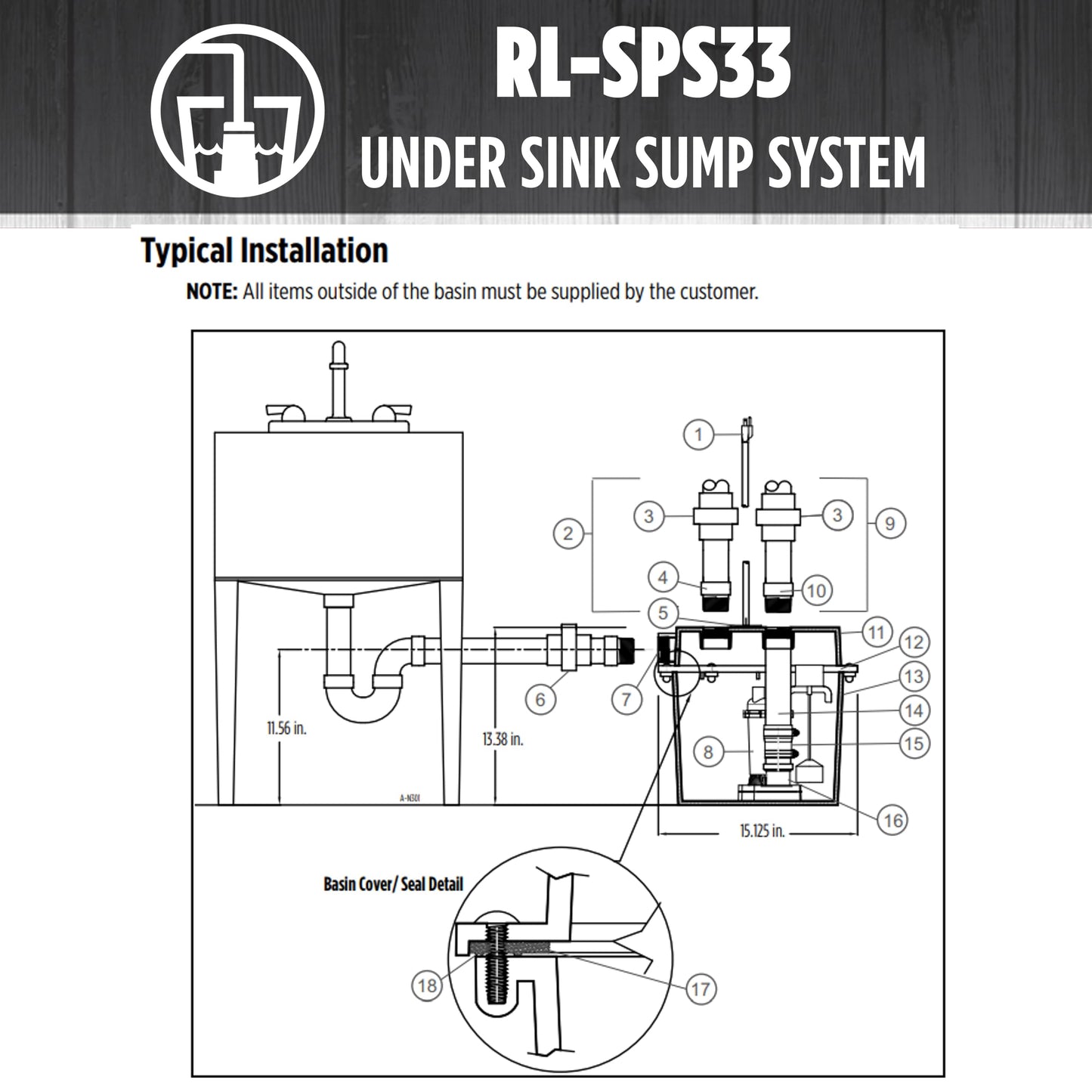 Red Lion RL-SPS33 1/3 HP, 115-Volt, 3200 GPH Under-Sink Sump Pump System with 6 Gallon Basin, Red/Black, 14942736