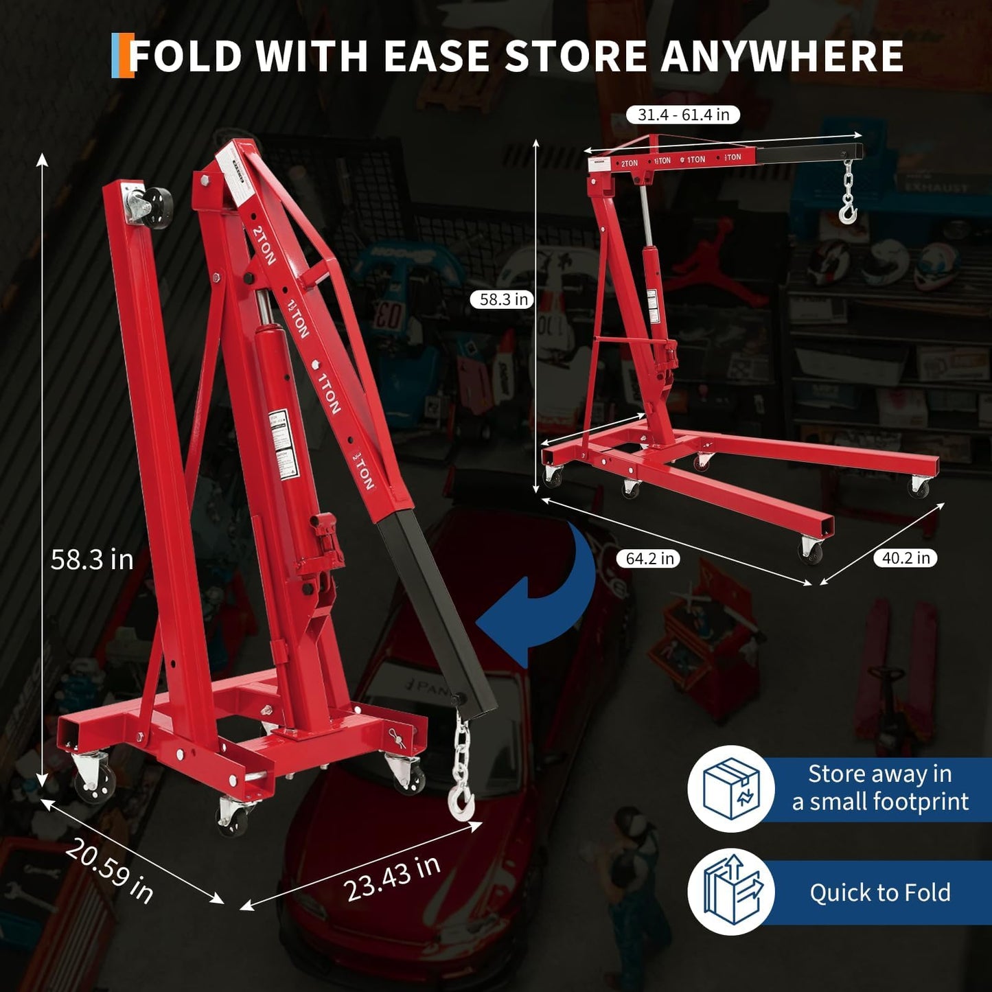 DEXSO Engine Hoist and Engine Support Bar Combo, 2 Ton Folding Hydraulic Engine Crane, 4400 LBS Cherry Picker, 1100 LBS 2 Point Lift Holder Hoist Dual Hooks, Red