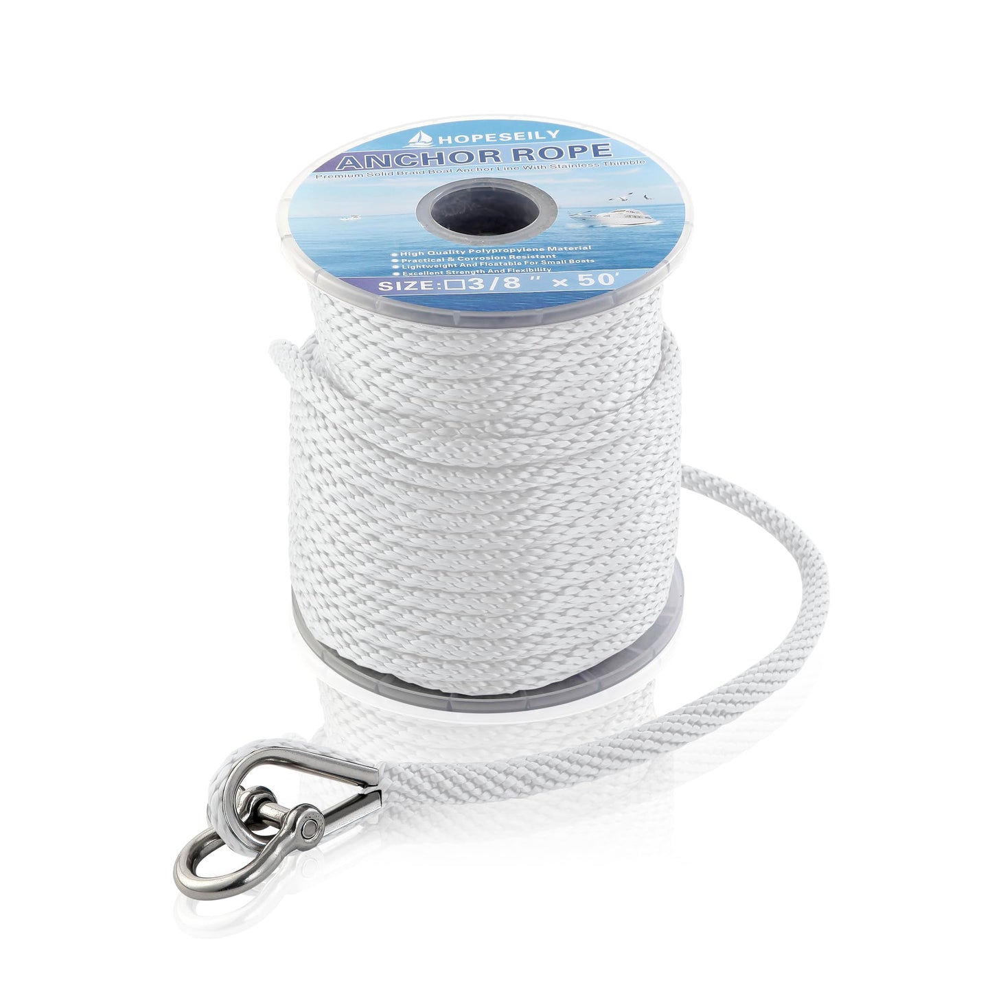 HOPESEILY 3/8 x 100FT Boat Anchor Rope, Premium Solid Braid MFP Marine Line with Stainless Steel Thimble & Shackle for Boats Jet Ski Yacht Dock, Heavy Duty (White)