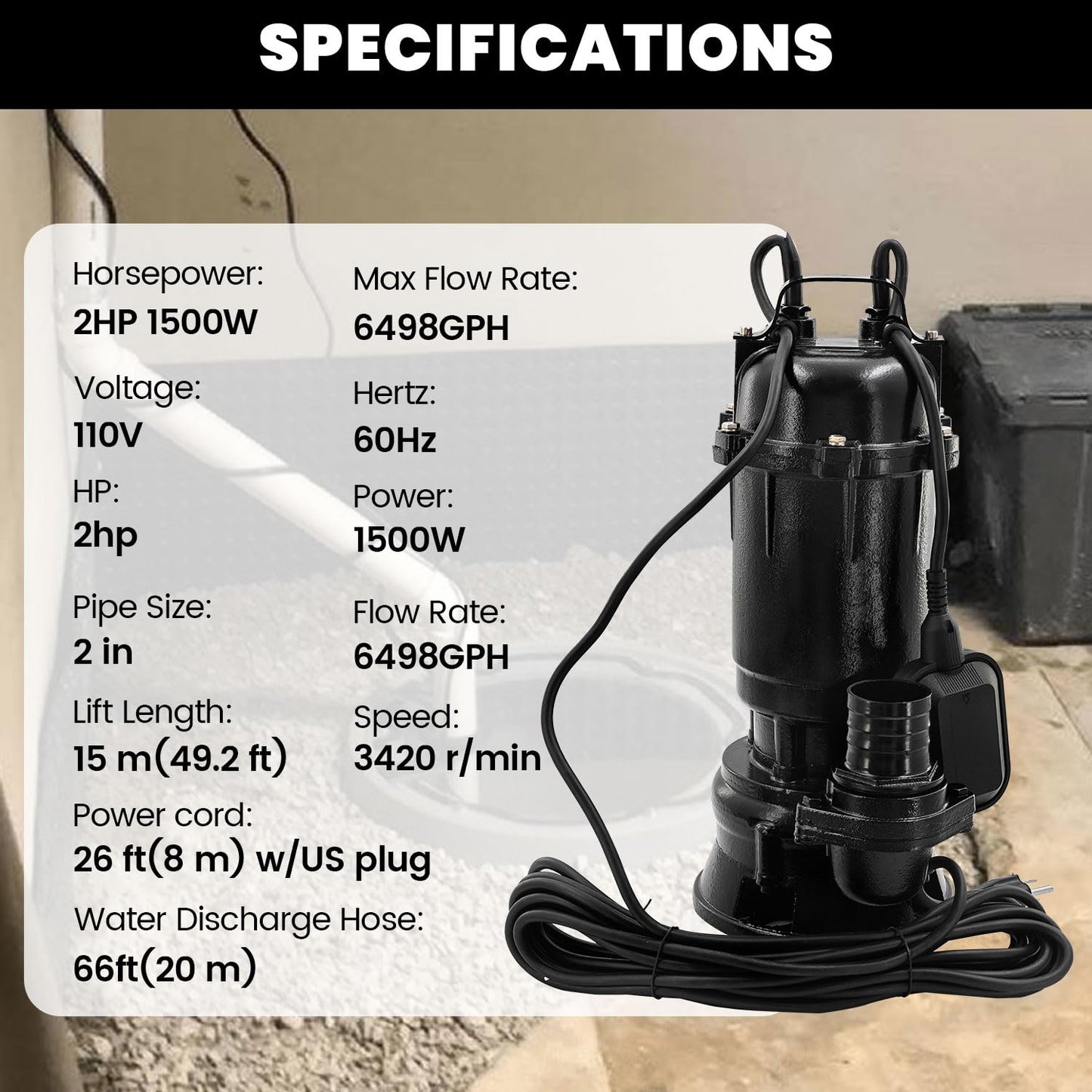 Yutmatin 2HP 110V Submersible Sump Pump, 6498GPH Cast Iron Sewage/Effluent Pump 1500W with 66ft Hose and Automatic Float Switch, for Basement Sump and Sewage Well, 2 inch Discharge