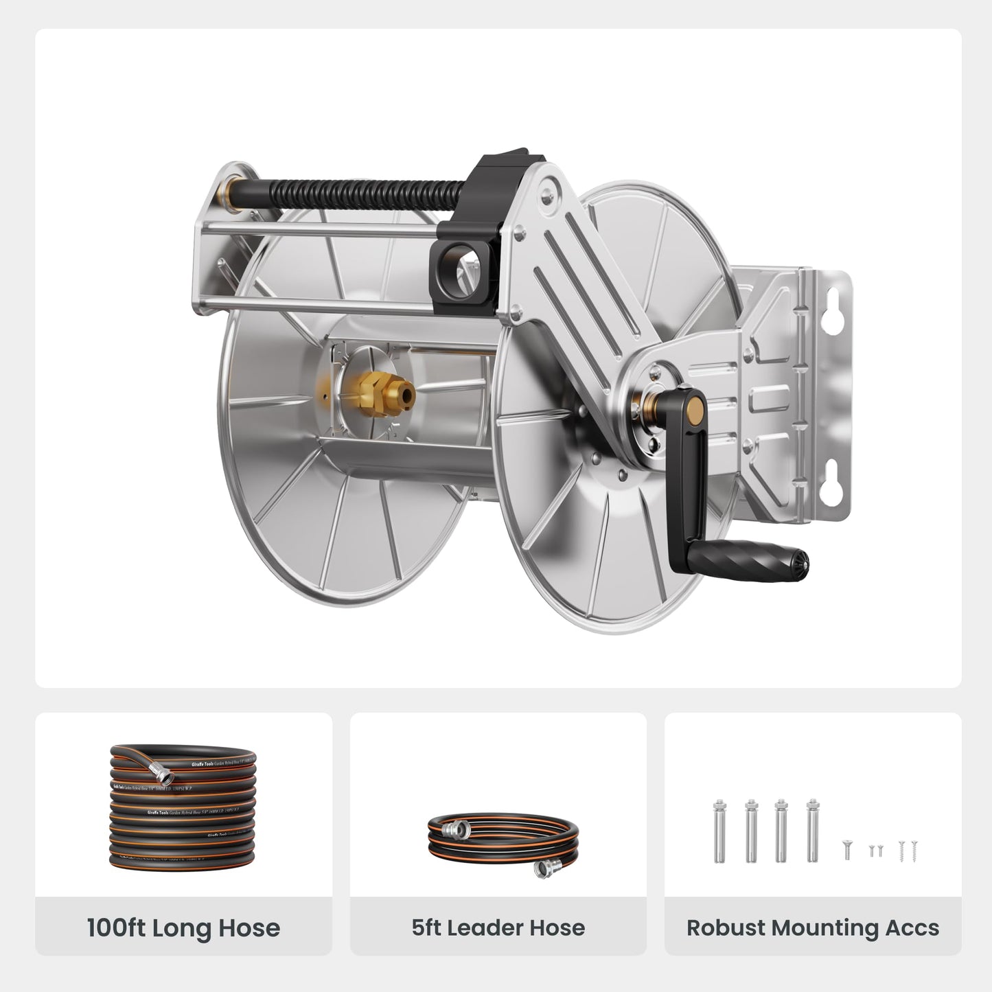 Giraffe Tools Stainless Steel Garden Hose Reel Heavy Duty, Wall/Floor Mounted Stainless Water Hose Reel Retractable with Crank, 150-Feet 5/8" Hose Capacity＆100FT hose