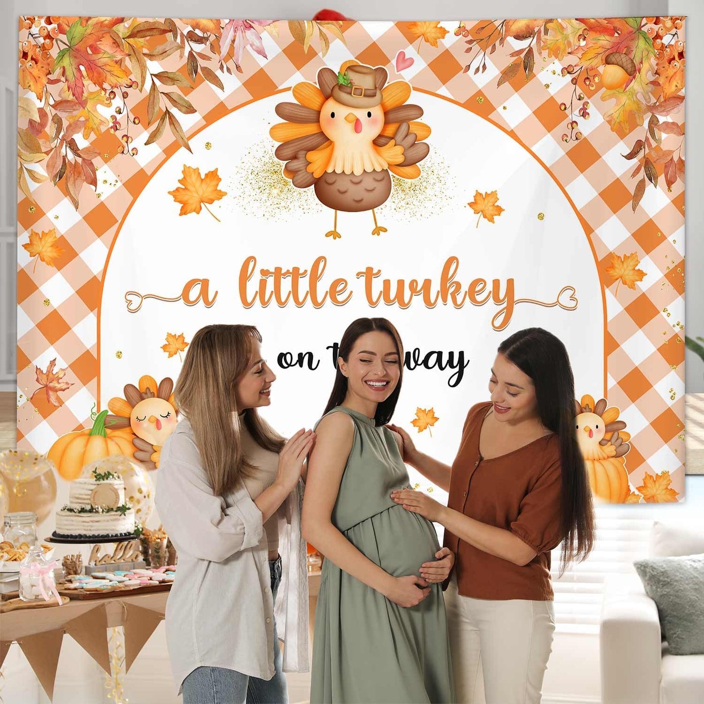 AIBIIN 7x5ft Thanksgiving Baby Shower Backdrop A Little Turkey is On The Way Party Banner Fall Turkey Pumpkin Baby