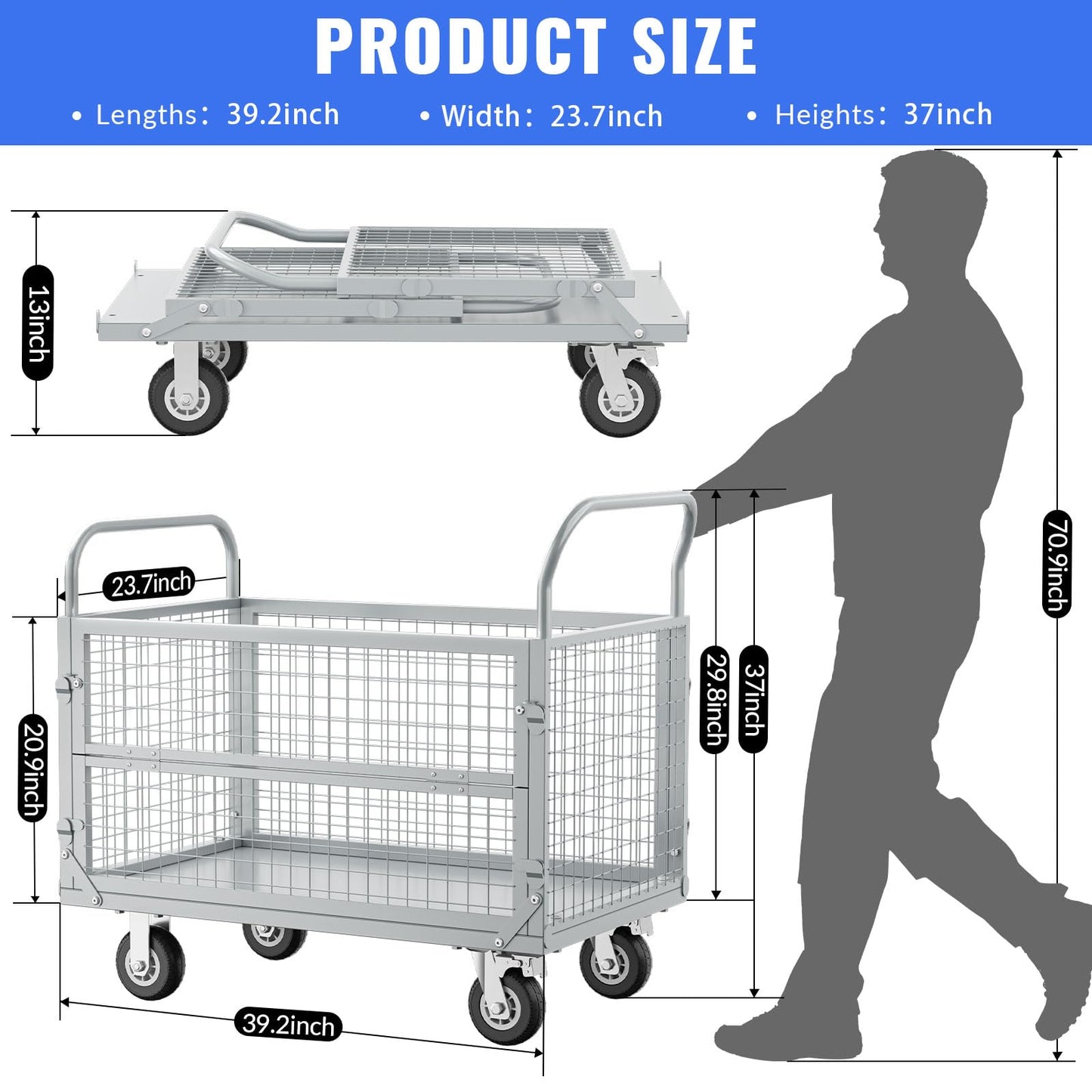 Platform Truck Cart with Cage, Multipurpose 5 in1Foldable Hand Truck, Heavy Duty Flatbed Cart, Load 2500LB with 4 Swivel Casters, Multi-Functional Push Cart for Grocery, Laundry, Shelving, Pantry