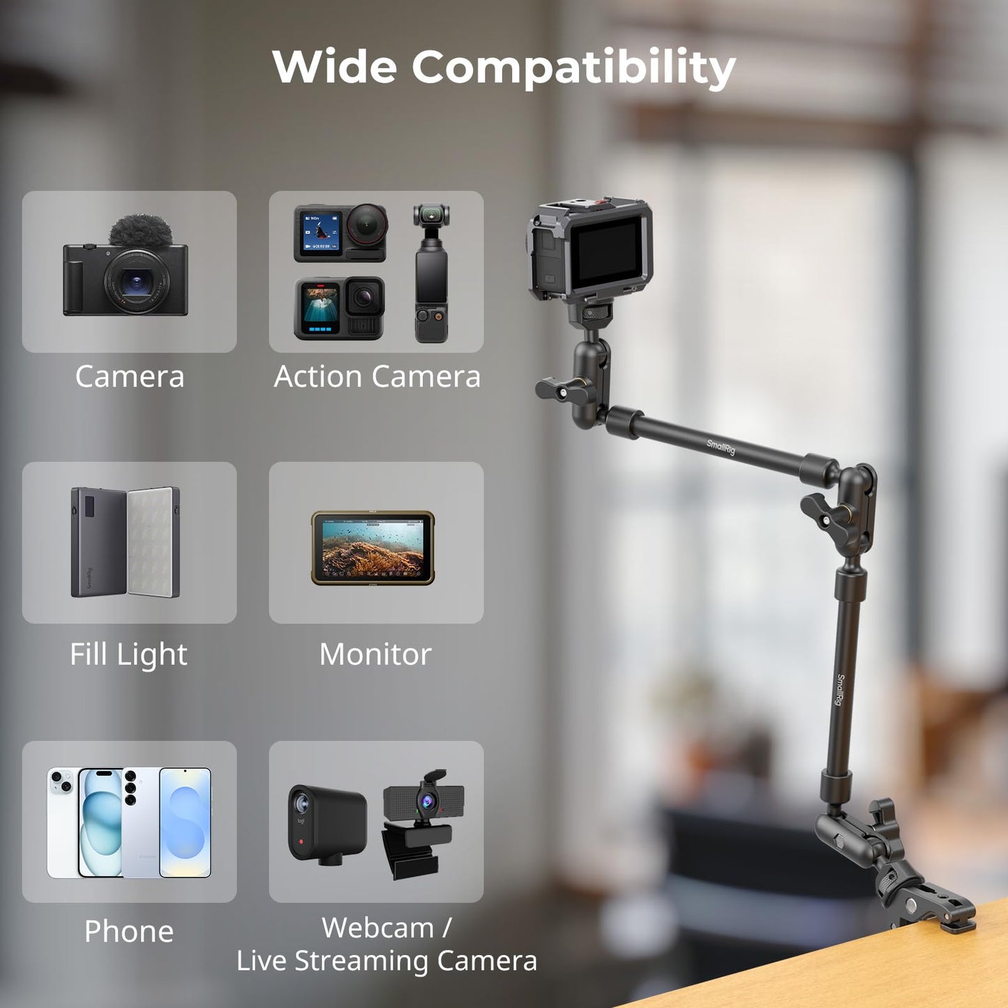 SMALLRIG 22" Magic Arm Clamp, Overhead Phone Mount Holder Stand, Flexible Desk Camera Mount, Articulating Friction Boom Arm, for POV Shot, Filming, Light, Webcam, Action Camera