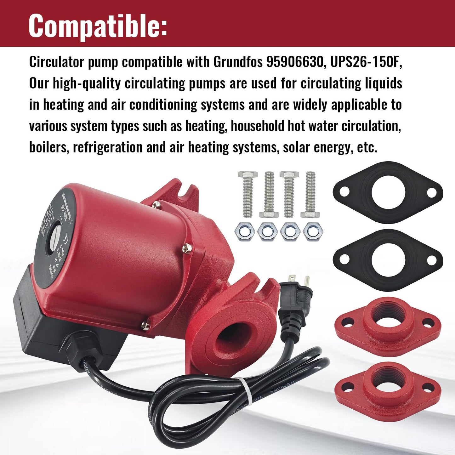 Hot Water Circulator Pump 115V 3-Speed Circulation Pump Cast Iron Recirculating Pump 1/3 HP Compatible with Grundfos UPS26-150F 95906630 for Various Closed-loop Systems