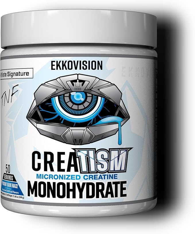 Ekkovision Creatine Monohydrate Powder, Micronized, Puckin' Blue Razz, Pre Workout & Post Workout Supplement for Men & Women, Energy Support, Easy to Mix in Shakes, Smoothies & Beverages, 50 Servings