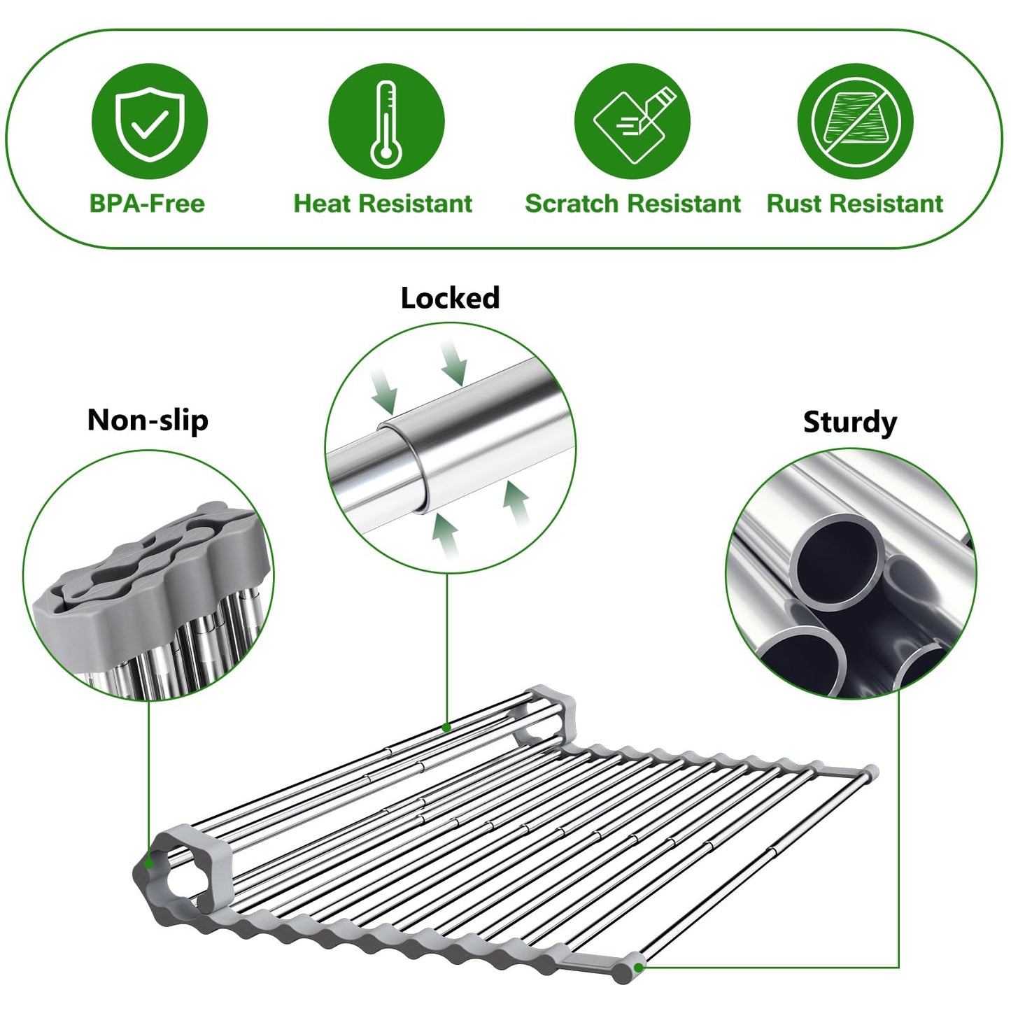 Sindax 23.7" Extra Large Dish Drying Rack, Expandable Roll Up Over The Sink Dish Drying Rack, SUS304 Stainless Steel Multipurpose Kitchen Drainer Rack Up Load to 70Lb