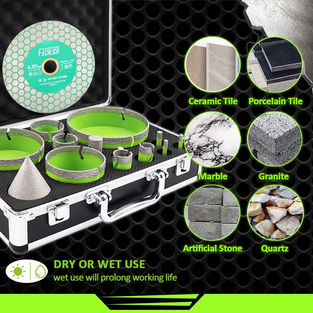 Tile Hole Saw Kit Diamond - (6/6/8/20/25/35/50/75/100/125mm Drill Bits+Finger Bit+Chamfer Bit+Adapter+Tile Blade) Diamond Hole Saw Kit for Porcelain Ceramic,5/8"-11 Thread