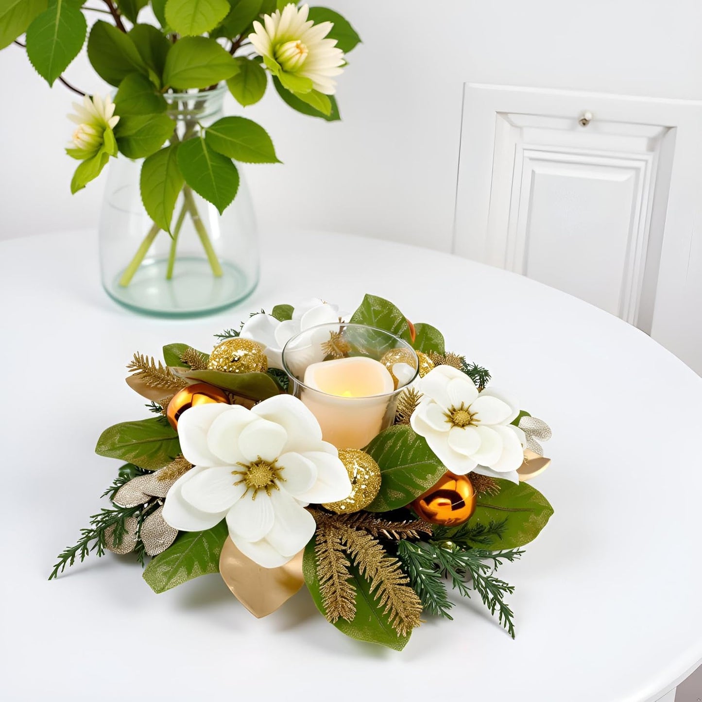 Skiennix 18" Centerpiece - Flameless LED Candle Holder with White Magnolia & Gold Baubles for Holiday Decor