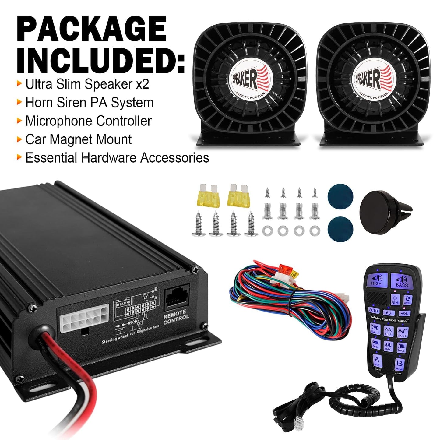 Emergency Vehicle Siren PA System, 400W Multi‑Tone Car PA System with Mic, Extra‑Slim Speaker for Tow Truck Pickup Ambulance SUVs—Police Horn for Vehicles, Car Alarm Siren
