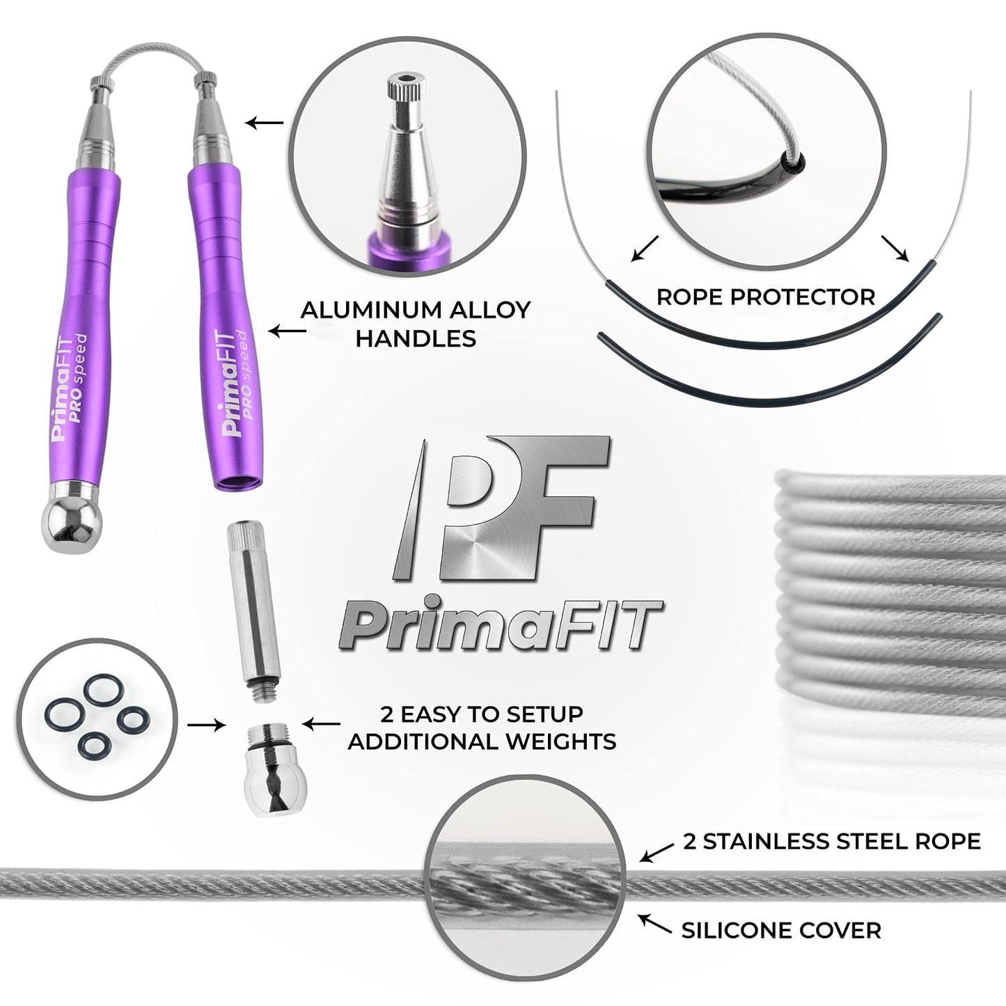 PrimaFIT Jump Rope Pro Speed Skipping Rope Adjustable Adult Jumping Rope Weighted Aluminium Handles for Double Dutch Boxing Workout Crossfit Exercise Fitness Spare Cable Weights Protectors Carry Bag