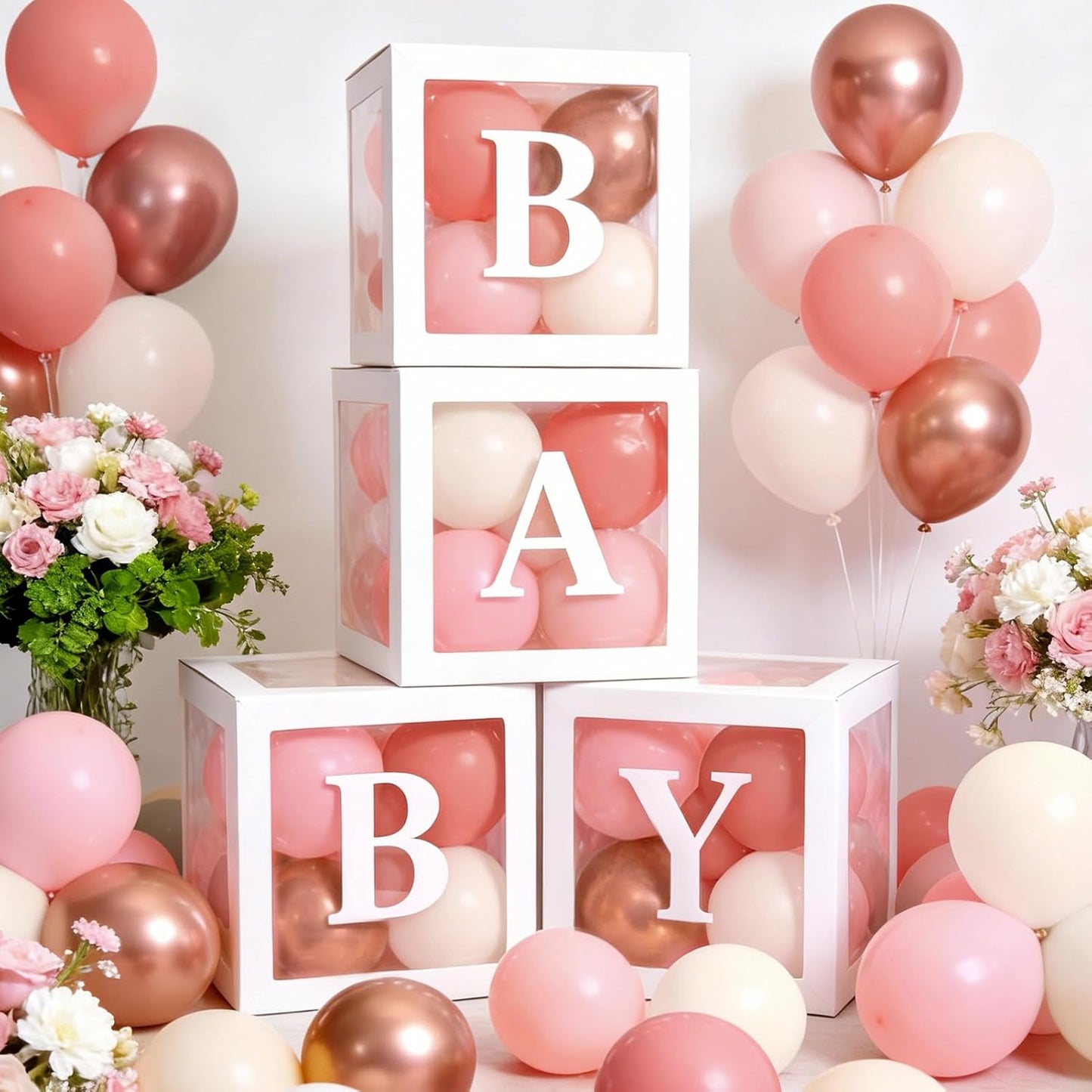 Winrayk Rose Gold Balloons - Floral Baby Shower Decorations Kit | Pink Balloon Arch & Letter Boxes