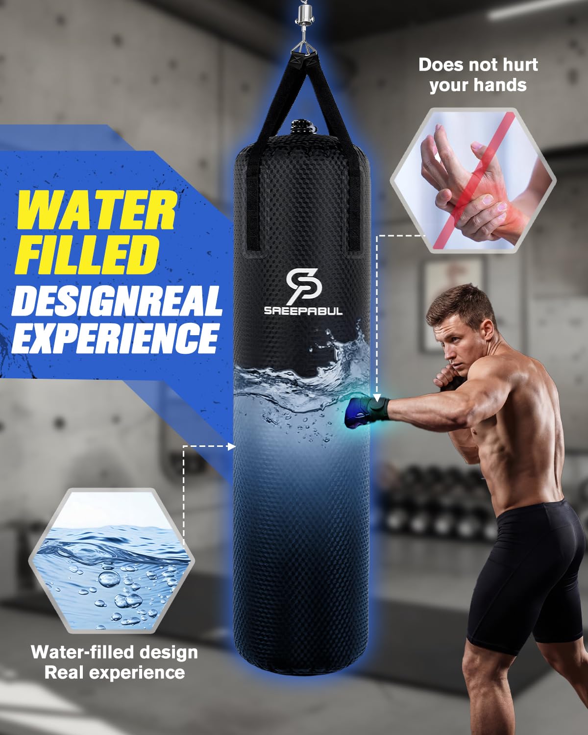 SAEEPABUL Water Punching Bag 4FT Heavy Bag for Boxing - Adjustable Weight (60 to 120 lbs) with Anti-Leak Design, Heavy-Duty Aqua Training Bag for Adults