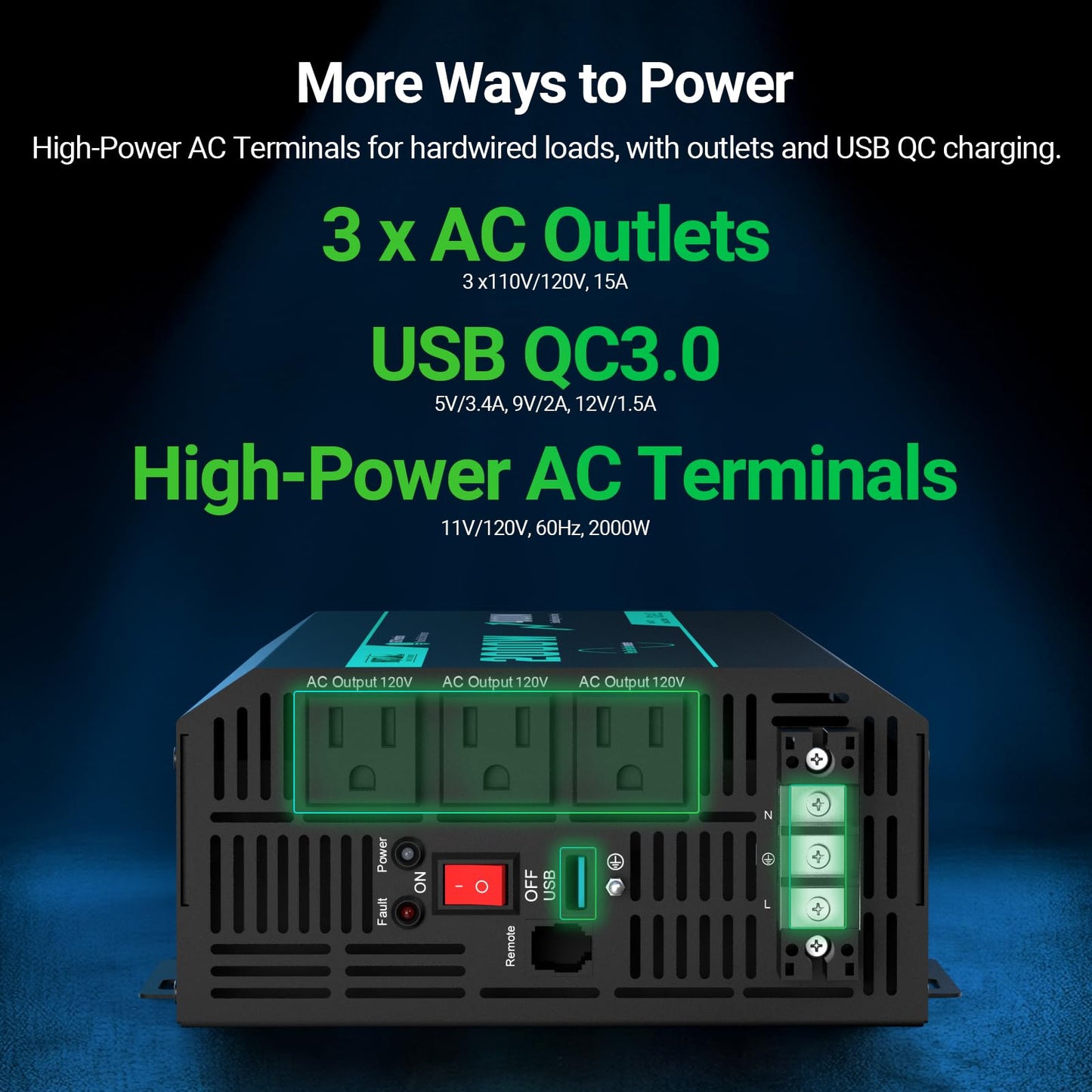 HQST 2000W Pure Sine Wave Inverter with 5s Boost Function, 12V DC to 110V AC Converter with Remote LCD, GFCI Protection, 3 AC Sockets, USB, Surge 4000W, for Solar, Sump Pump, RV, Camping, Off Grid
