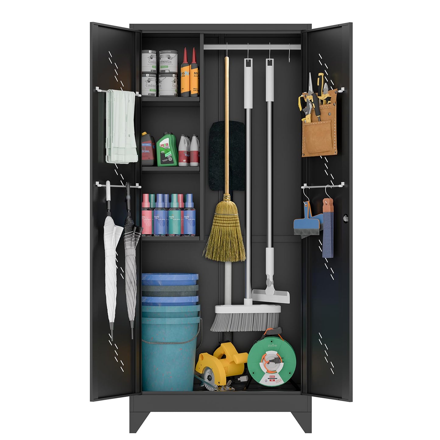 YILFANA 75" Metal Storage Cabinet with Lockable Doors, Functional Garage Storage Cabinets, Heavy-Duty Tool Organization Cabinet with Hanging Rod & S-Hooks (75" Utility Closet)