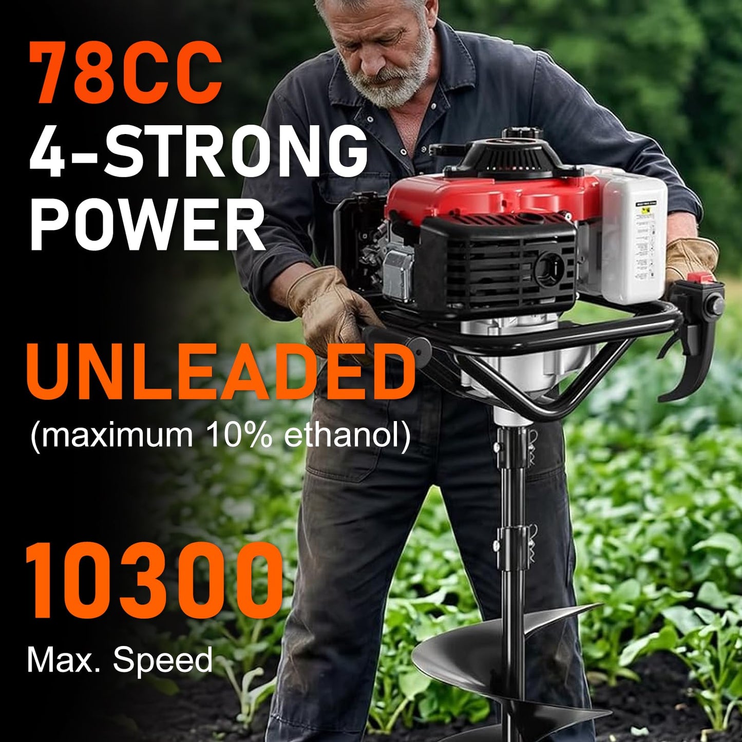 78CC 4-Stroke Auger Post Hole Digger, Single Person Gas Powered Earth Auger with 6" & 8" Drill Bits and Extension Rod, Heavy Duty Ground Drill for Fence Post, Tree Planting