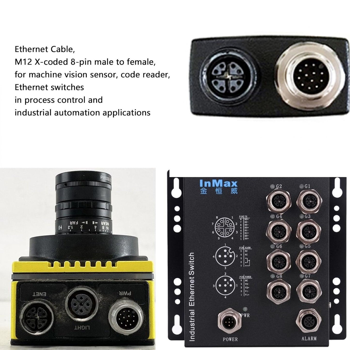 M12 8 RJ45 CAT-7e 1M Ethernet Pin X-Code GigE Cable for Basler Cognex Vision Camera Sensor Barcode Reader PLC Router