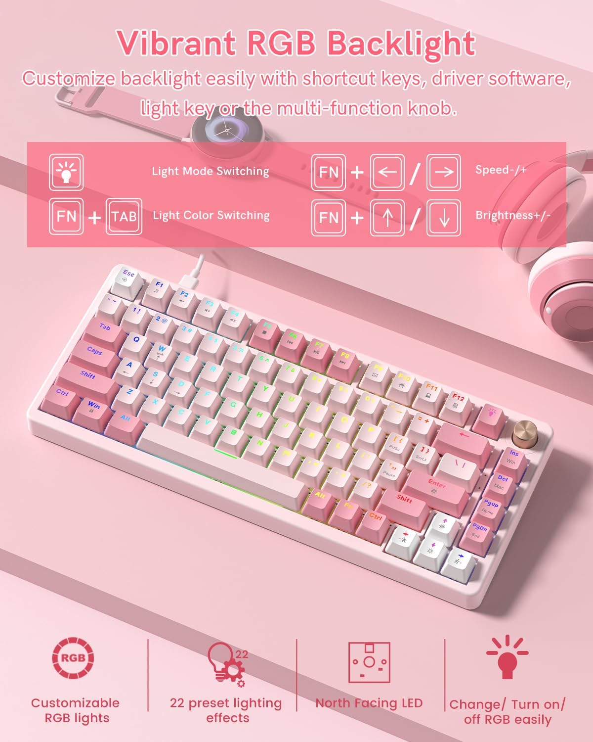 Keyporia VK75 75% Wired Gaming Keyboard with Multimedia Control Knob, Creamy Mechanical Keyboard RGB Backlit Gasket