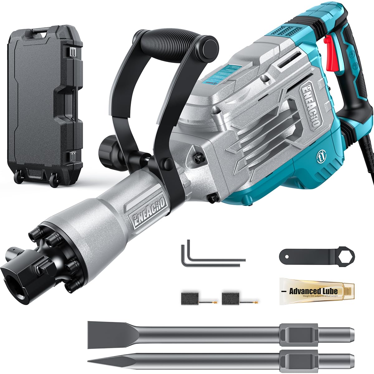 ENEACRO Demolition Jack Hammer 14.5Amp SDS-Hex Concrete Breaker, 65 Joules Heavy Duty Chipping Hammer Cement/Pavement/Floor Breaker, with 2pcs of chisels and Carry box with Rollers