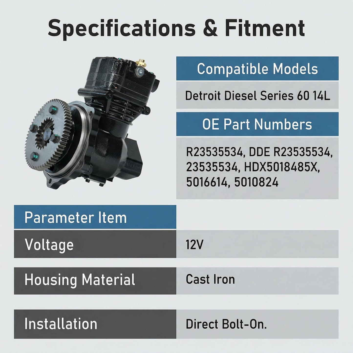 Air Brake Compressor Replacement for Detroit Diesel Series 60 14L Engine – Compatible with R23535534 HDX5018485X DDE R23535534 23535534, Heavy Duty 12V Air Compressor for Trucks
