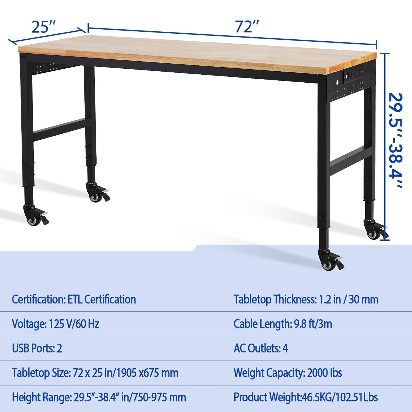 ExploreHorizon Workbench Adjustable 75' x 25', 29.5"-38.4" Heights Garage Worktable with Universal Wheels Power Outlet, Heavy-Duty Table for Workshop Office Home Commercial, 2000 Lbs Load Capacity