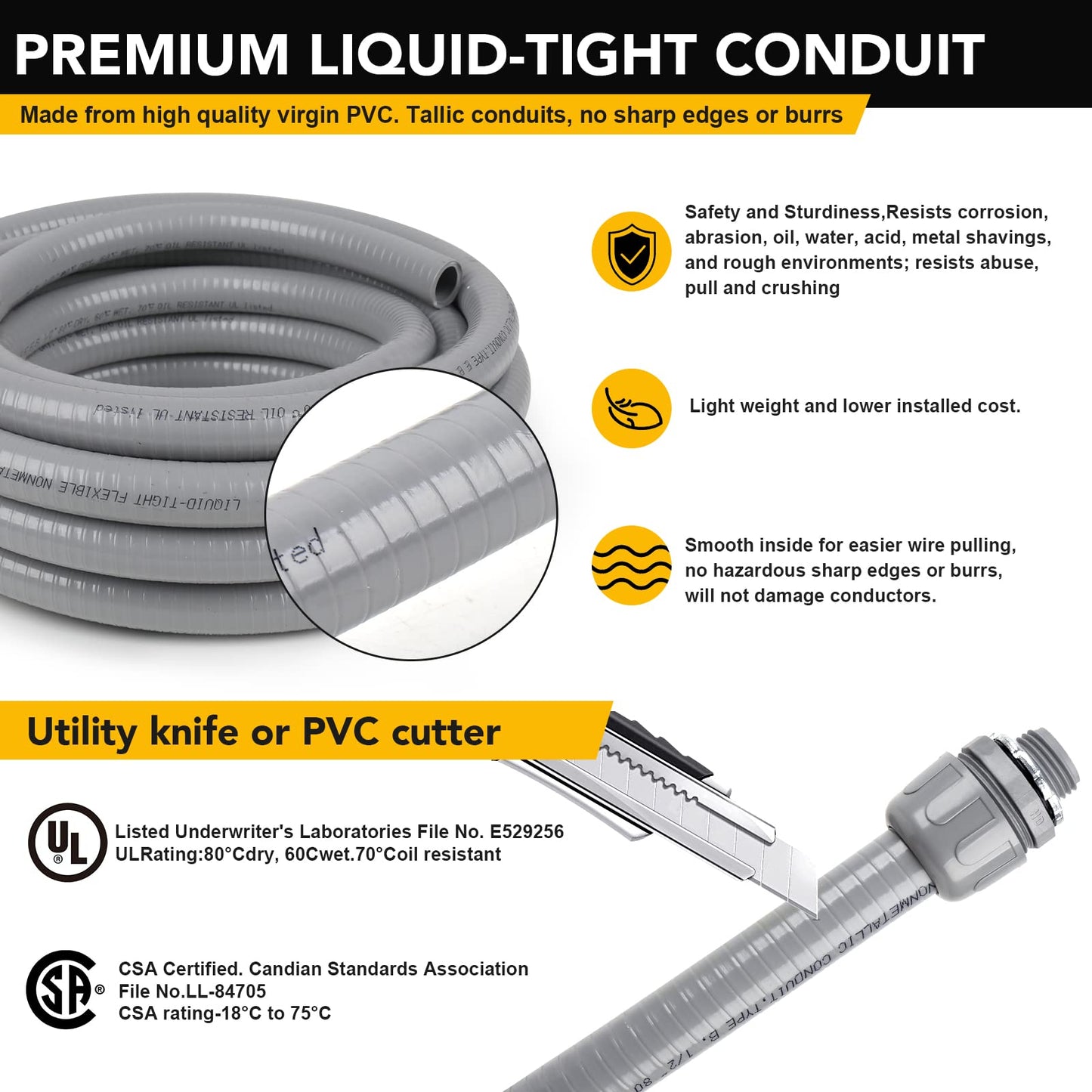 Elecoman 1-1/4(1.25) inch 50ft Liquid-Tight Conduit and Connector Kit,Flexible Non-Metallic Liquid Tight Electrical Conduit Kit with 5 Straight and 3 90-Degree Connector Fittings,1in. Dia…