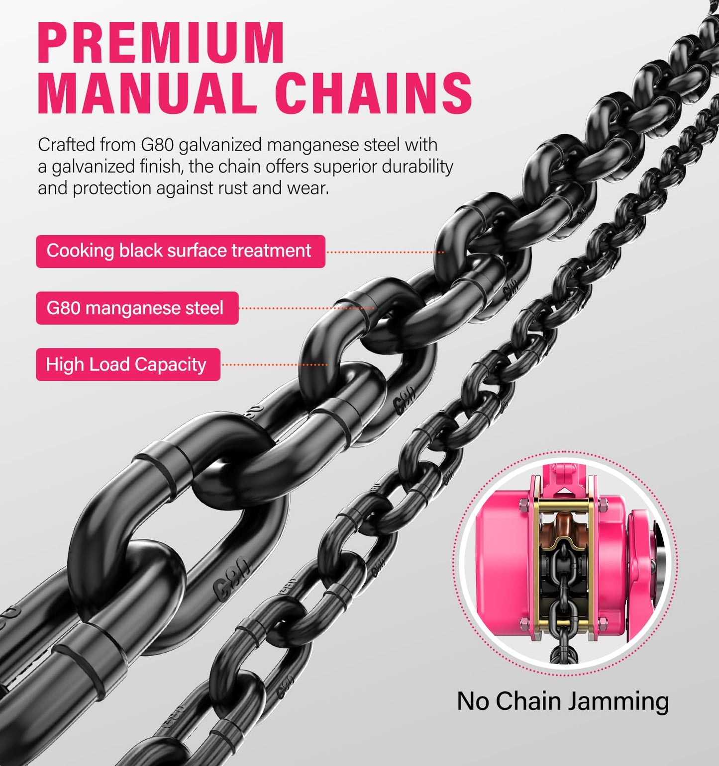 HUGOASIS Lever Chain Hoist 3/4 Ton 1650 Lbs Capacity 10FT Lift 2 Heavy Duty Hooks,Manganese Steel G80 Manganese Steel with Double-Pawl Brake Chain Come Along for Warehouse,Automotive,Garages,Pink