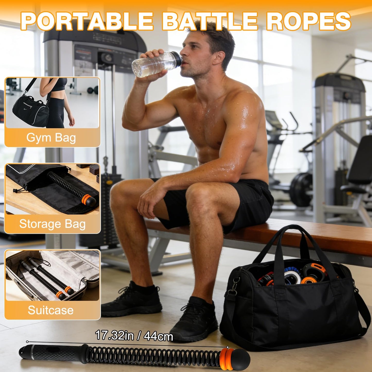 Portable Wireless Battle Rope, Adjustable Weight Wireless Battle Rope with Storage Bag, Suitable for Low-Impact Sports, Strength Training, and high-Intensity Interval Training (Grey)